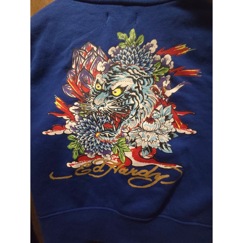 Ed Hardy Blue Tiger Graphic Cropped Zip Up Hoodie Y2K Small - Picture 3 of 7